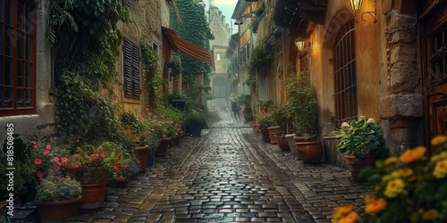 Intriguing, mysterious alleyway in an old European city, atmospheric charm. Generative AI.