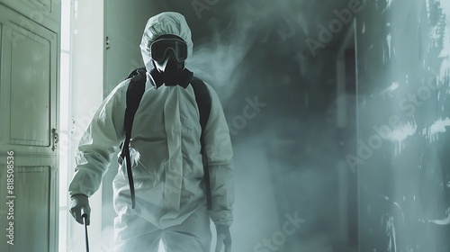 Concealed beneath layers of protective clothing, a faceless exterminator expertly administers 