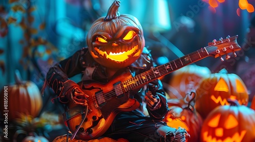 Halloween pumpkin guitar player with illuminated scary face jack o lantern rockstar monster