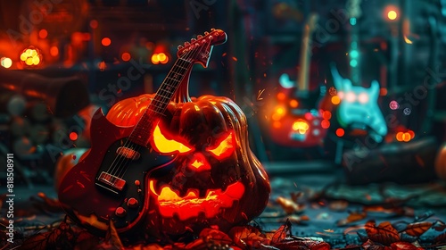 Halloween pumpkin guitar player with illuminated scary face jack o lantern rockstar monster