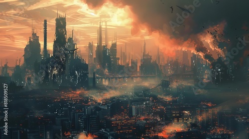 postapocalyptic metropolis devastated by global catastrophe alien invasion survival concept art digital painting