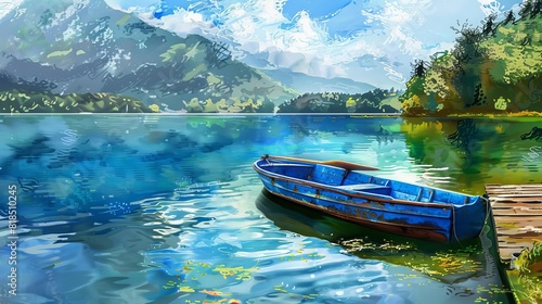 vibrant blue pontoon boat floating on tranquil lake serene lakeside landscape digital painting