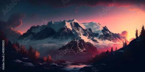 Majestic SnowCapped Mountain Range at Vibrant Cinematic Sunset Telephoto Capturing Intricate Textures