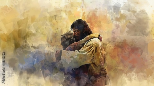 the return of the prodigal son parable father embracing repentant son digital watercolor painting