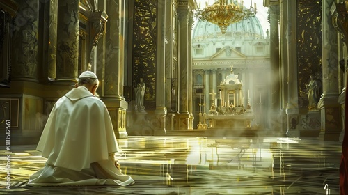 pope kneeling in prayer at ornate altar in grand cathedral spiritual religious leader digital painting