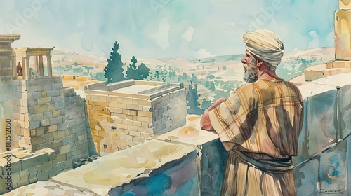 ezra overseeing the rebuilding of the temple in jerusalem old testament watercolor illustration bible story art