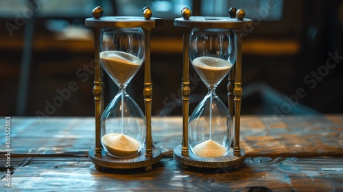 Two vintage hourglasses with flowing sand on a wooden table, capturing the essence of time and nostalgia in a rustic setting.