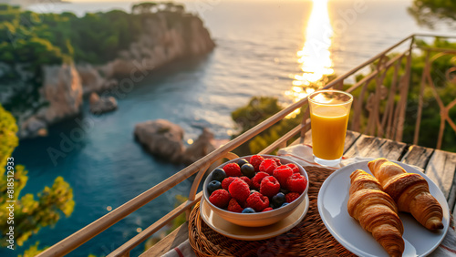Frühstück mit Croissants, Beeren und Orangensaft auf einem Balkon im Urlaub mit Aussicht auf das Meer bei Sonnenaufgang, Konzept für Urlaubsfrühstück und Luxusurlaub