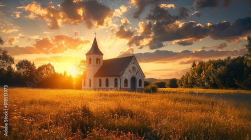 serene rural landscape with old church in meadow at golden sunset peaceful countryside scene