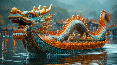 Clean, elegant dragon boat on still water during Dragon Boat Festival