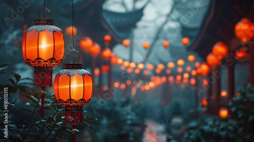 Red lanterns glowing softly during Mid-Autumn Festival