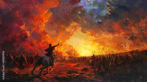 triumph of david over goliath in dramatic sunset battlefield oil painting illustration