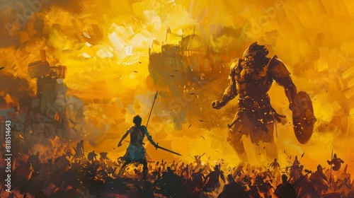 triumph of david over goliath in dramatic sunset battlefield oil painting illustration