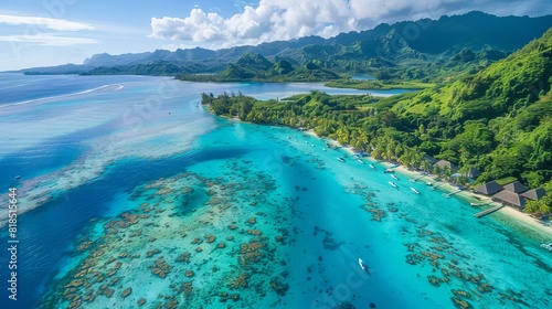 stunning aerial view of turquoise lagoon and lush island in french polynesia tropical paradise in south pacific high resolution photo