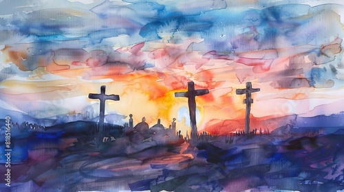 serene sunrise at golgotha with three crosses holy sepulchre watercolor painting