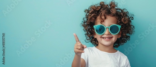 A cheerful little girl with curly hair and sunglasses pointing up to copy space and smiling, happy, little girl act like satisfied at the product, use for advertising , isolated on blue background