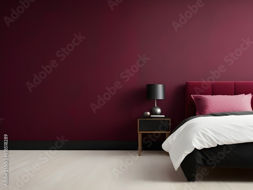 Empty painted viva magenta wall. White and crimson red burgundy color bedding furniture and blank background.Bedroom interior trend 2024 year Modern luxury apricot room interior home designs.