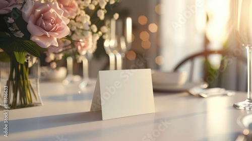 Mockup white blank space card, for Name place, Folded, greeting on wedding table setting background.