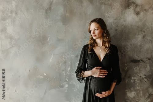 A pregnant woman in a black dress tenderly hugs her belly on a blurred gray background. The concept of preparing women for pregnancy, childbirth, motherhood, copy space 