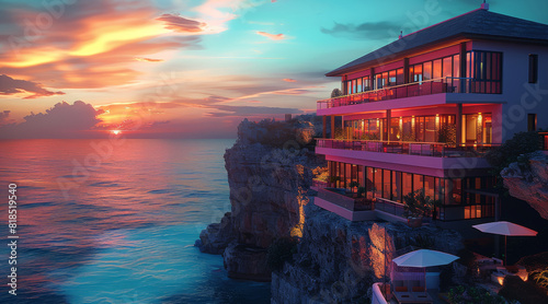 Luxury hotel with pink and black glass, cliffside overlooking the ocean. Generative AI.