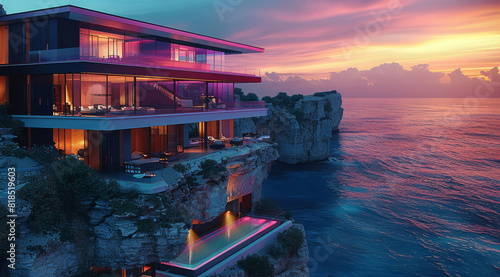 Luxury hotel with pink and black glass, cliffside overlooking the ocean. Generative AI.