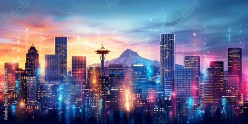 Vibrant Night Skyline of Seattle with Distant Mountains, Neon Lights, and Iconic Space Needle Under a Colorful Sunset