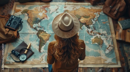 An attractive young woman plans her vacation using a world map and compass as well as other travel accessories.