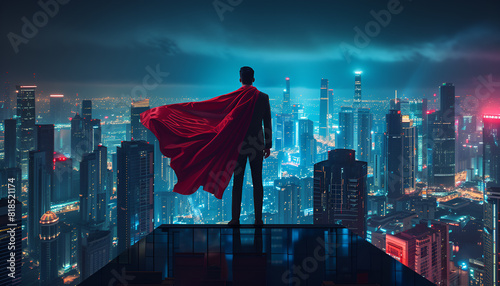 businessman in suit and red cape stand at rooftop 