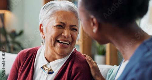 Happy face, nurse and elderly patient in nursing home for healthcare and volunteer with charity on sofa. African caregiver, laughing and embrace a senior lady with trust and medical support on couch