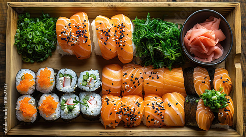 Delight in the Traditional Sushi and sashimi served on a rustic wooden tray 