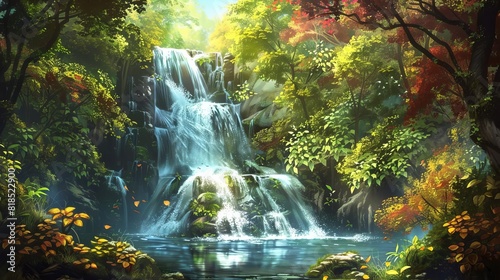 enchanting waterfall hidden in lush forest serene natural oasis cascading waters verdant foliage tranquil ambiance digital painting