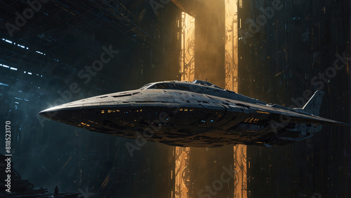The image is of a large, metallic spaceship in a dark hangar. The ship is sleek and silver, with a long, cylindrical body and a large engine at the back. It is hovering in the air, and there is a pers