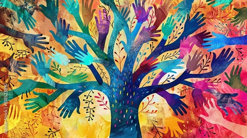 vibrant mosaic tree of diverse human hands unity in diversity concept illustration