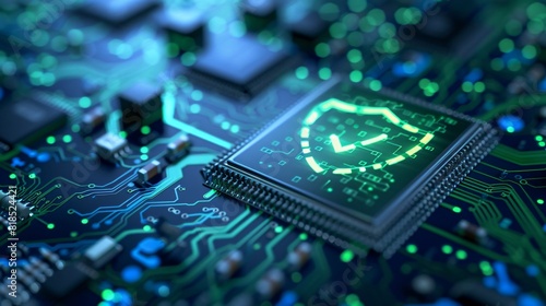Green Cybersecurity Shield on Circuit Board