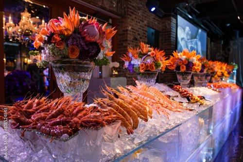A lavish seafood buffet at a wedding reception with ice sculptures and decorative lights