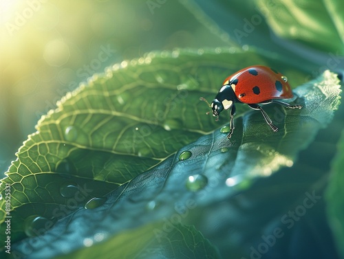 detailed macro, ladybug on leaf, morning light , Ideogram