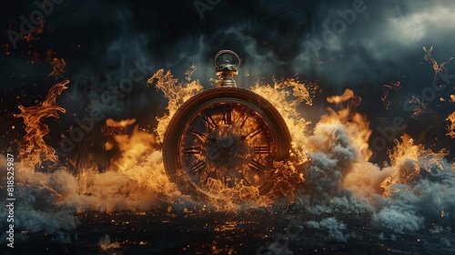 Vintage pocket watch engulfed in flames and smoke, symbolizing urgency, time, and destruction under a stormy sky