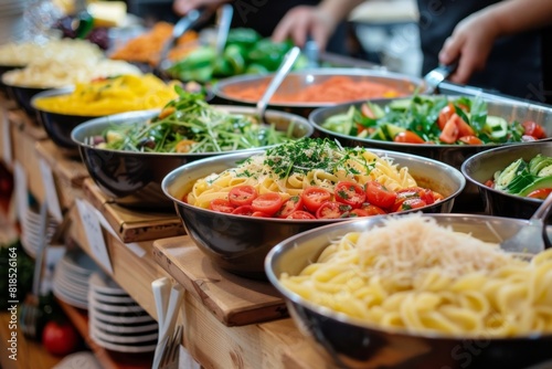 A wedding reception buffet featuring a pasta station with a variety of sauces and fresh ingredients