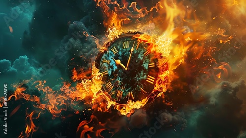 Surreal image of a clock in flames, symbolizing the passage of time and the urgency of deadlines against a dramatic, cloudy sky backdrop.