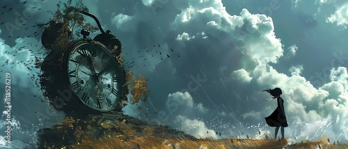 Surreal scene of a girl facing a giant melting clock in a dreamlike landscape under a cloudy sky, showcasing the concept of time and imagination.