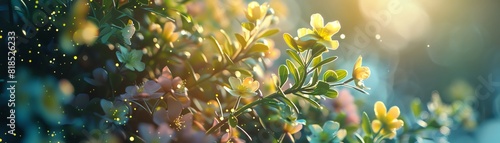 Closeup of yellow flowers on a bush with a blurred background of green leaves and golden sunlight.