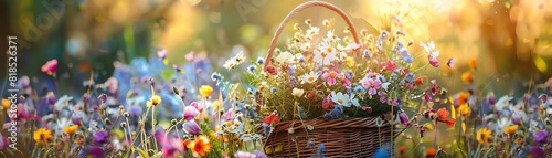 The photo shows a wicker basket filled with various wildflowers. The flowers are in full bloom and the colors are vibrant. The background is a blurred meadow with a warm glow.