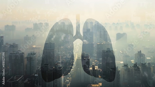 The image shows a pair of lungs made out of a cityscape. The lungs are damaged and show the negative effects of pollution and smoking.
