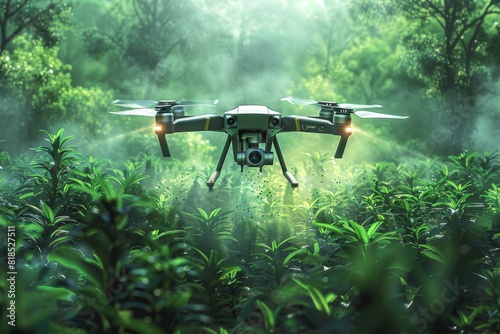 Drones equipped with sensors navigate carefully over green crops, spraying pesticides as part of an agricultural innovation in a smart, playful field