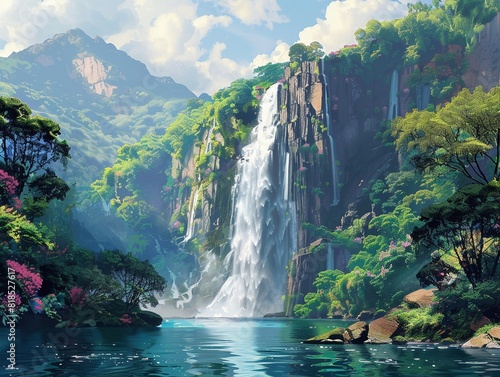 majestic waterfall, lush greenery, natural wonder , hyper detailed