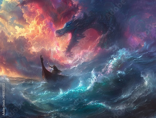 Above the clouds, Thor battling Jormungandr, the sea serpent, tumultuous ocean waves , vibrant color