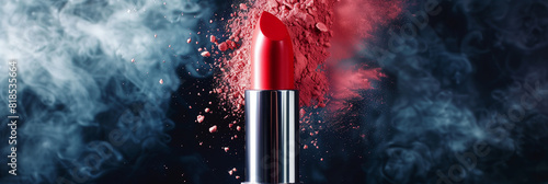 A close up of a red lipstick with a red powdery substance surrounding it. The lipstick is positioned in the center of the image, with the powdery substance extending outwards from it