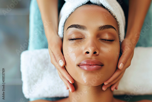 A woman with a white towel on her head is getting her face massaged. Concept of relaxation and pampering, as the woman is being taken care of by someone else