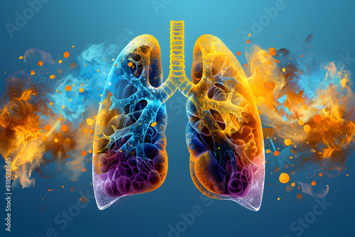 Images of brightly colored lungs The background is beautiful, and there are different colors of smoke that are like the air inhaled into the lungs.