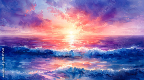 Romantic mood: watercolor sunset over the ocean